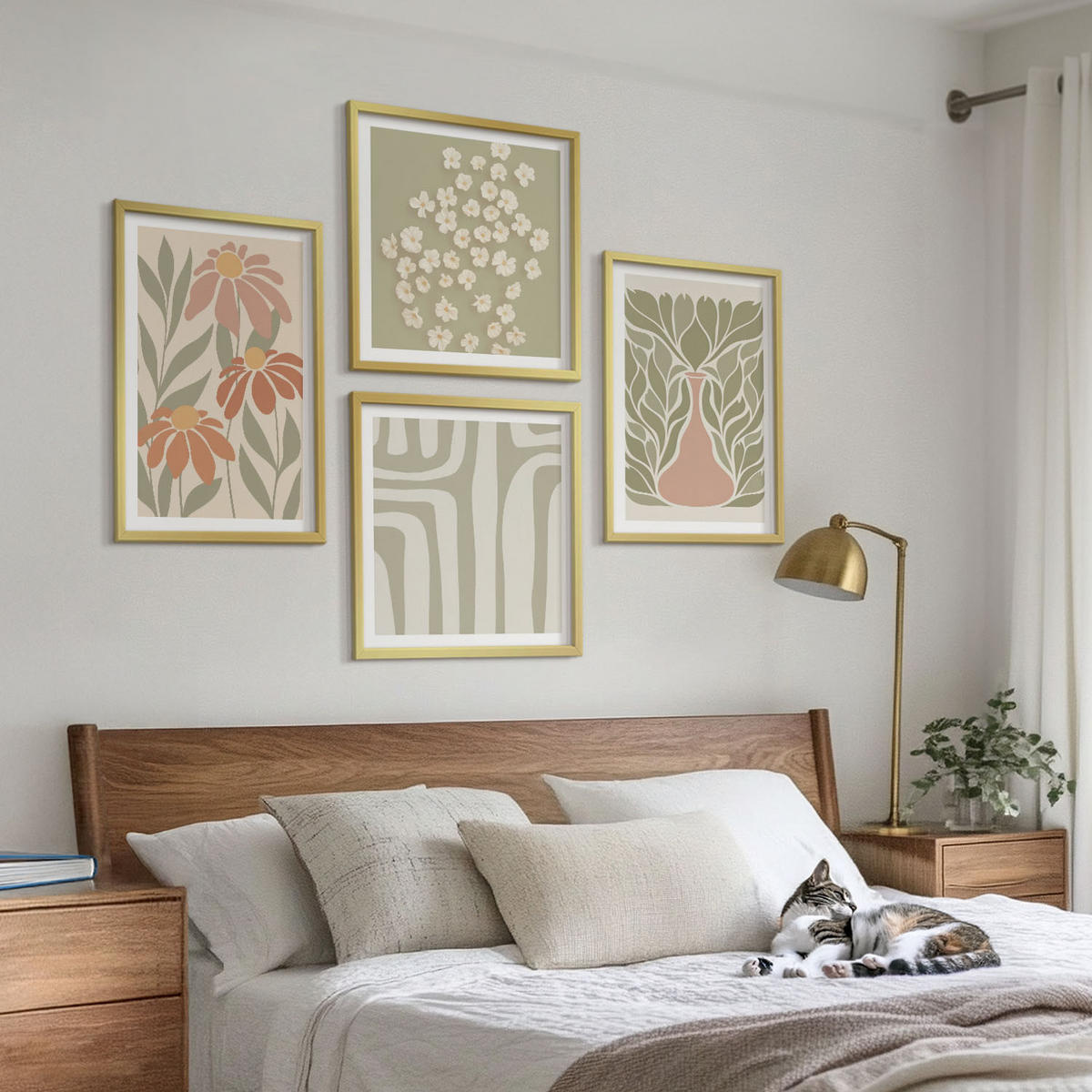 WANDBILDER 4er Set - 50x50 cm & 40x60 cm Goldrahmen - Floraler minimalistischer Boho-Stil - Goldfarben, Kunststoff (50/50cm) - ArtPrintCave
