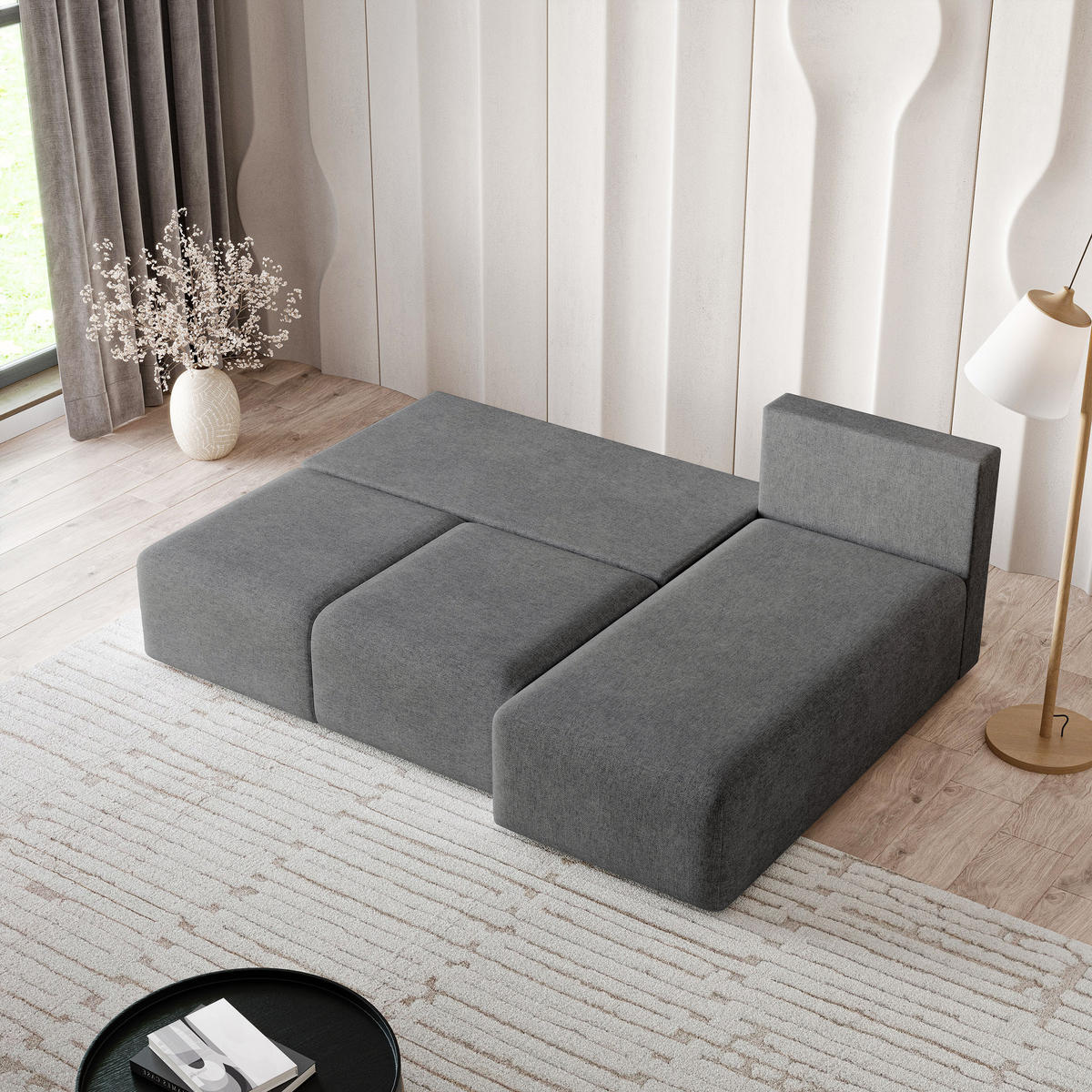 ECKSOFA TRAMA Grau Geflochtener Stoff mit Schlaffunktion - Grau, Holz (200/143cm) - MASSENO