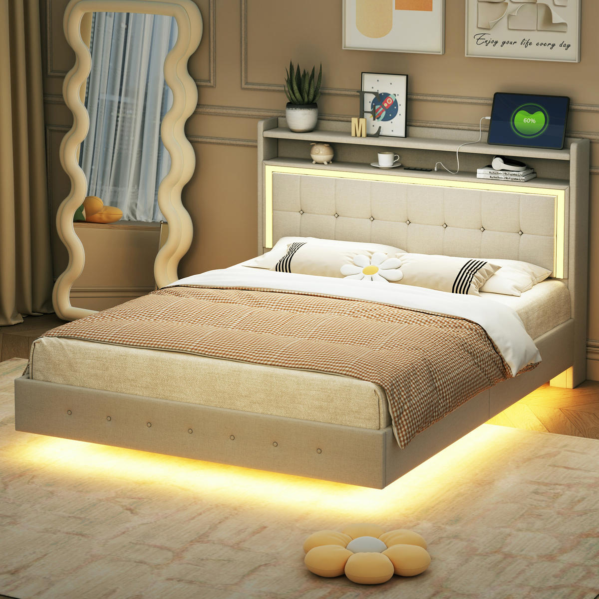 ČALÚNENÁ posteľ z látky 140x200 cm béžová s USB portom, LED osvetlením a skrytými nohami - béžová, textil (140/200cm) - Modfu
