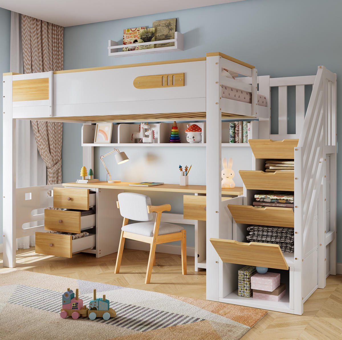 HOCHBETT Massivholz/MDF 90x200 cm Weiß/Natur mit Schreibtisch, Schubladen und Stauraumtreppe - Weiß, Holz (90/200cm) - Modfu