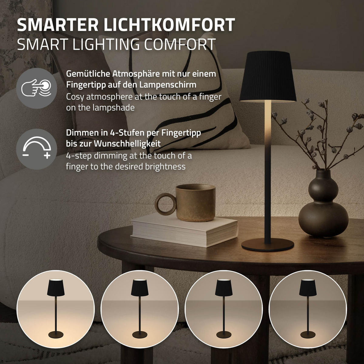 LED TISCHLAMPE kabellos mit Touch Schwarz Ø10x36 cm Warmweiß Dimmbar - Schwarz, Kunststoff (10/10/36cm) - ML-DESIGN