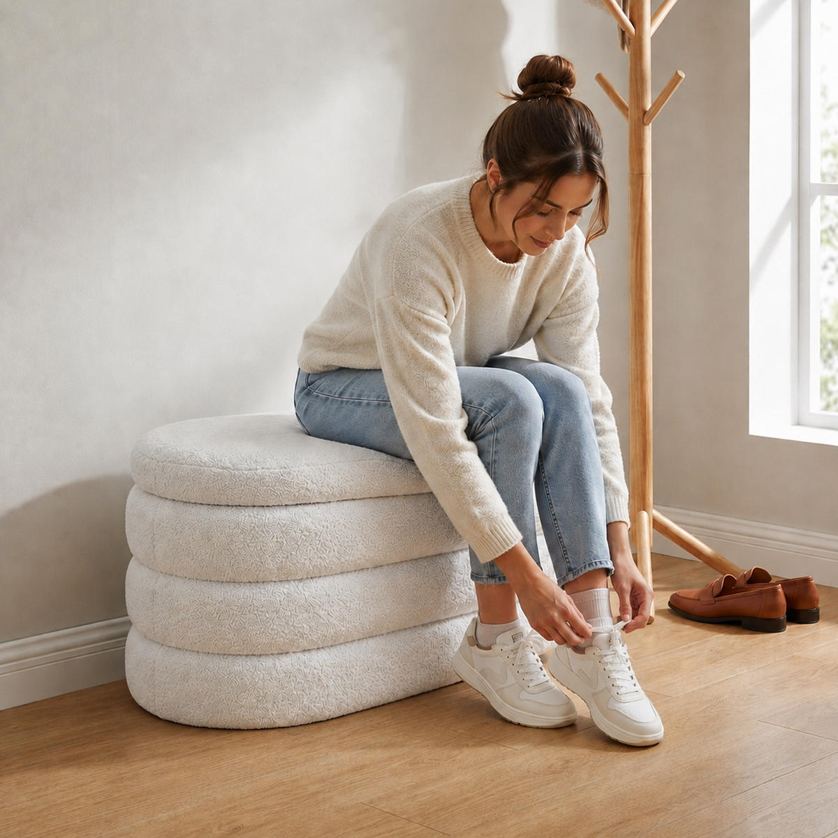SITZBANK Weiß Teddystoff mit Stauraum - Weiß, Holzwerkstoff/Textil (110/42/45cm) - Relaxdays