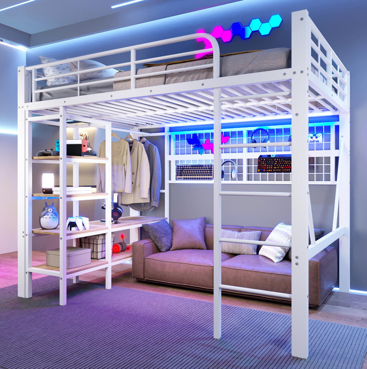 HOCHBETT 140/200 cm Weiß mit LED und Kleiderstange ohne Matratze - Weiß, Metall (140/200cm) - MIVRAY