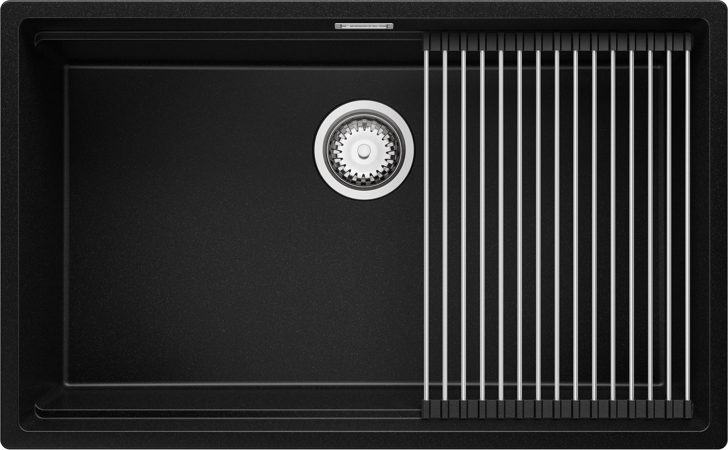 SPÜLBECKEN Praga Slim, 2-er set Schwarz 76/47 cm 1 Becken + Ablauf-Set + Aufrollbare Abtropffläche ab 80er Unterschrank - Chromfarben/Schwarz, Kunststoff (76/20/47cm) - Primagran