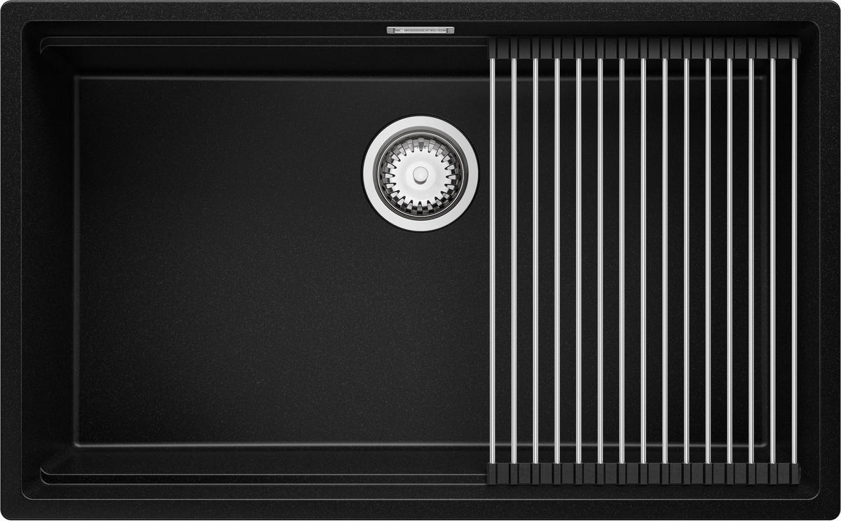 SPÜLBECKEN Praga Slim, 2-er set Schwarz 76/47 cm 1 Becken + Ablauf-Set + Aufrollbare Abtropffläche ab 80er Unterschrank - Chromfarben/Schwarz, Kunststoff (76/20/47cm) - Primagran