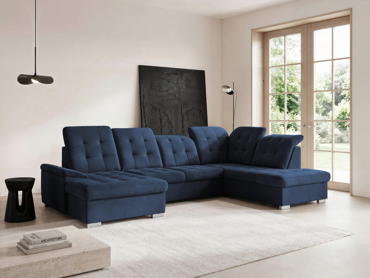 WOHNLANDSCHAFT ANON Ottomane Rechts, mit Schlaffunktion und Bettkasten, Dunkelblau - Dunkelblau, Kunststoff/Textil (322/87/220cm) - Idohome