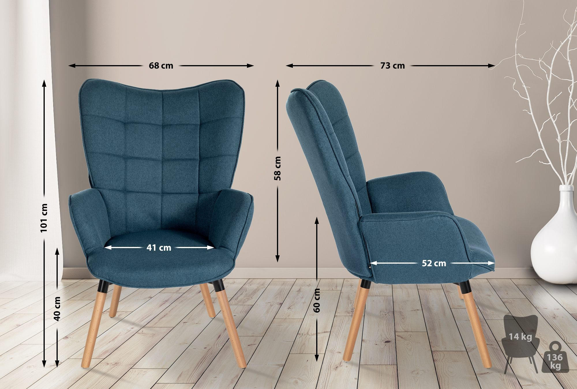 SESSEL Stoff blau - Blau/Eukalyptusholzfarben, Holz/Textil (68/101/73cm) - CLP