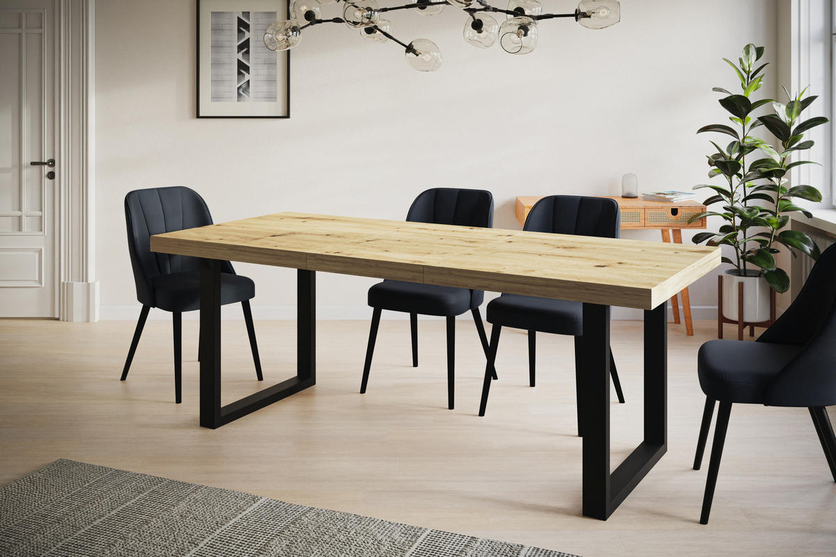 ESSZIMMERTISCH LOFT-U, ausziehbarer Tisch 160-260X90X77 cm, Farbe: ARTISAN, mit Metallbeinen in Farbe Schwarz - Hellbraun/Schwarz, Holzwerkstoff (160/90/77cm) - Alpi-Möbel
