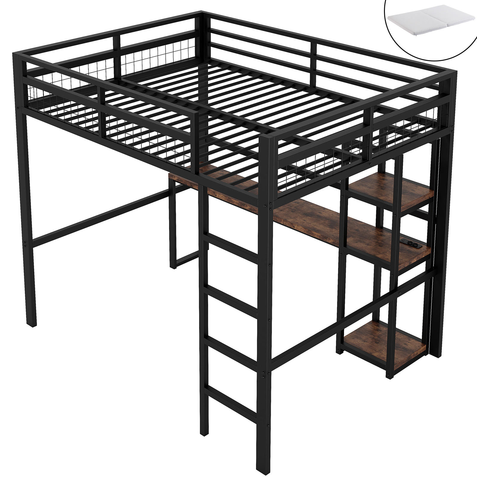 HOCHBETT 140/200 cm Schwarz mit Schreibtisch und USB-Anschluss mit Matratze - Schwarz, Metall (140/200cm) - OKWISH