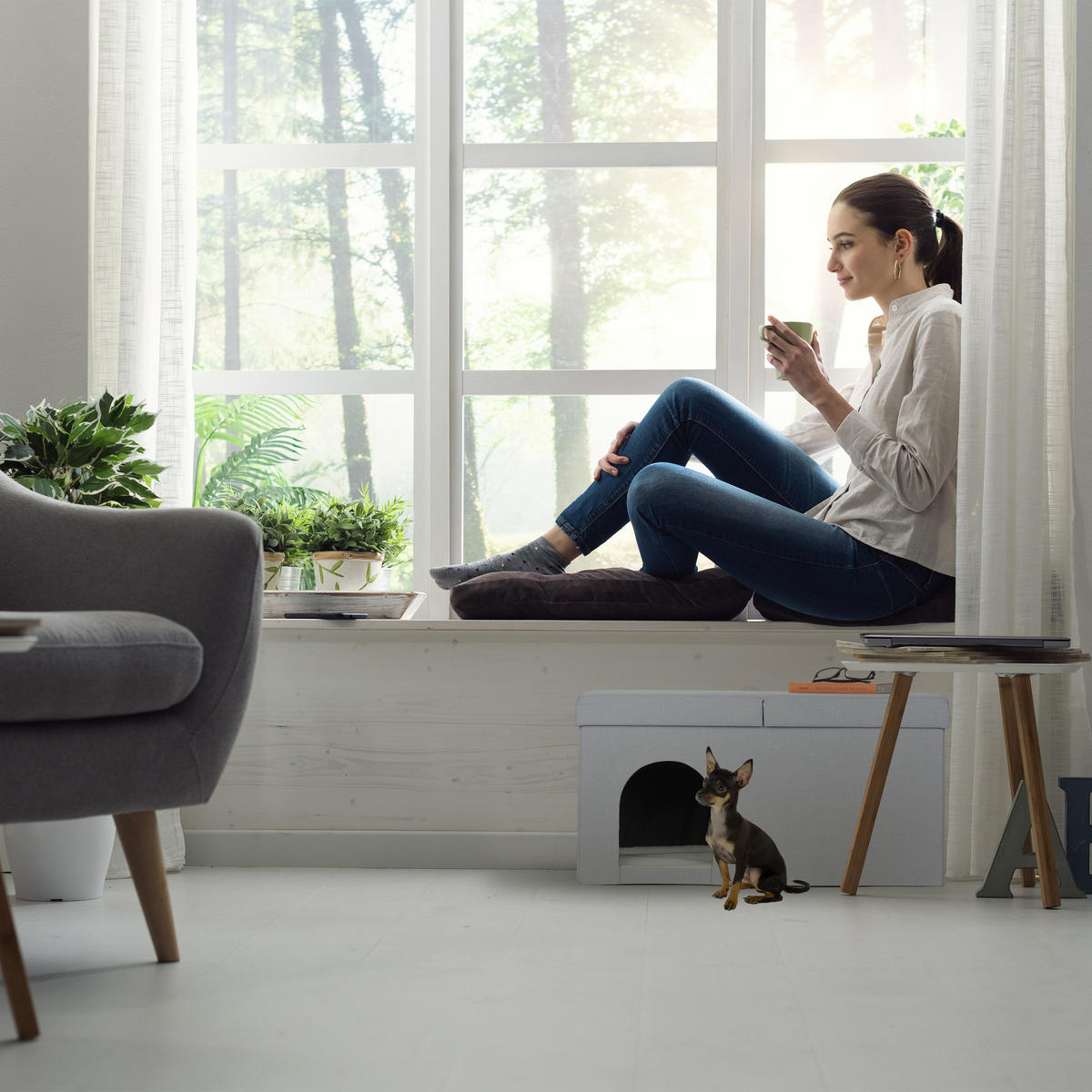 KATZENHÖHLE - Grau, Holzwerkstoff/Textil (74.5/38.5/37cm) - Relaxdays