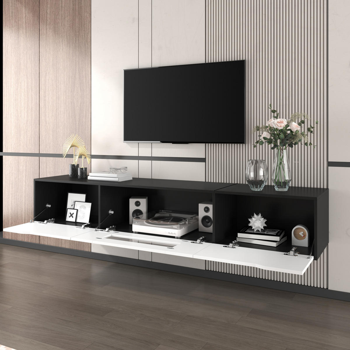 TV LOWBOARD 180cm Hochglanz Schwarz Weiß LED USB Farbwechsel modern - Schwarz, Holzwerkstoff (35/30/180cm) - FLIEKS
