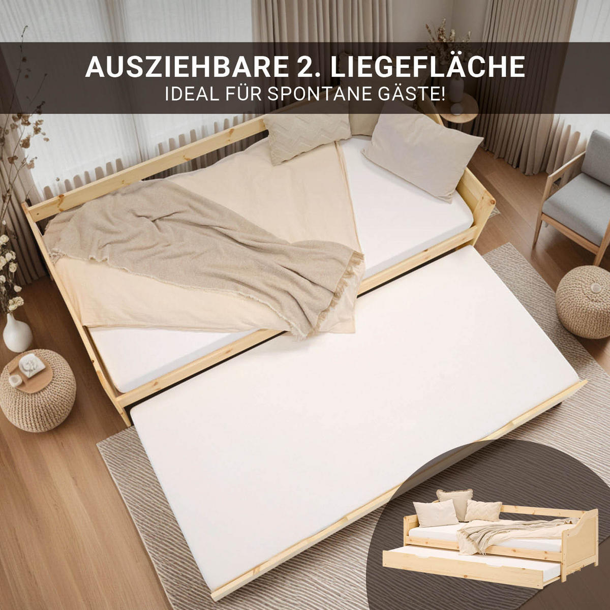 AUSZIEHBETT mit Matratze 90/200 cm Natur - Naturfarben, Holz (90/200cm) - Homestyle4u