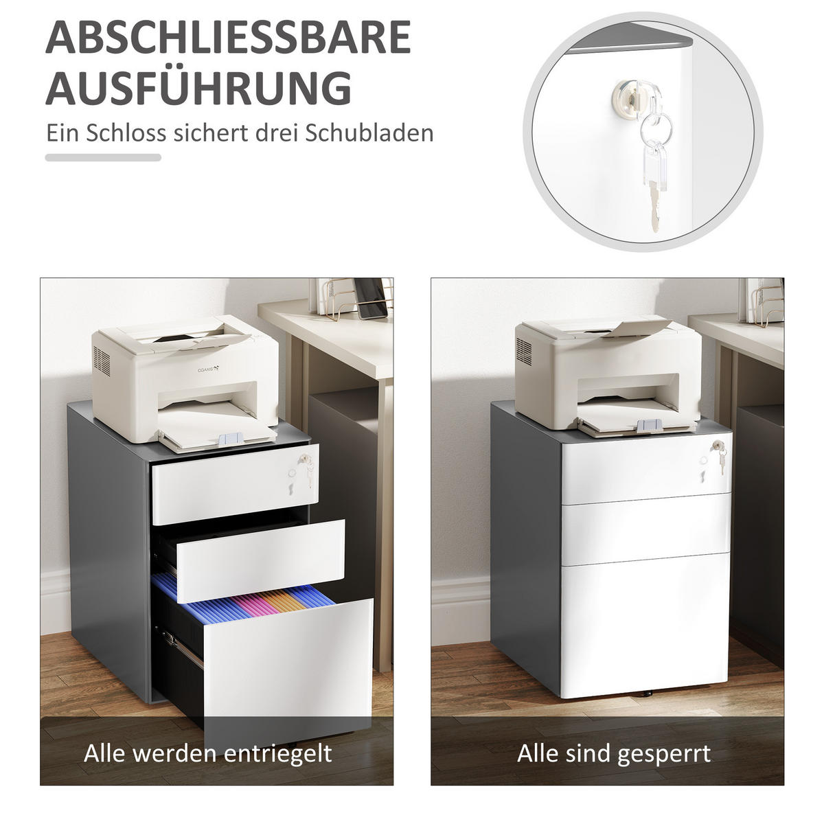 ROLLCONTAINER mit 3 Schubladen, 39 x 48 x 59 cm, Weiß+Grau - Multicolor, Metall (39/59/48cm) - Vinsetto