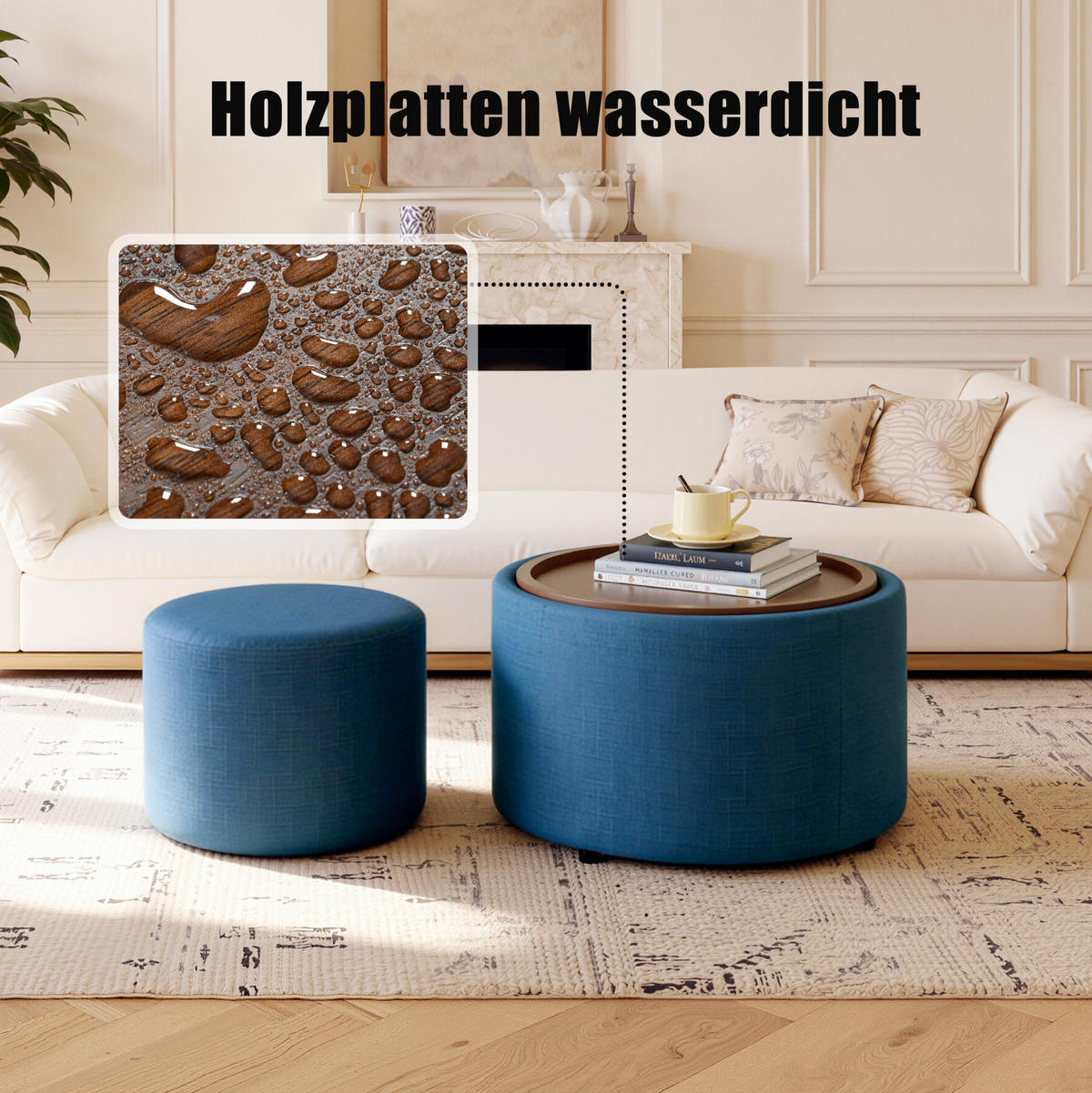 COUCHTISCH 58 cm Beige aus Leinen mit Stauraum - Blau, Textil (58/58/38cm) - OKMYHOME