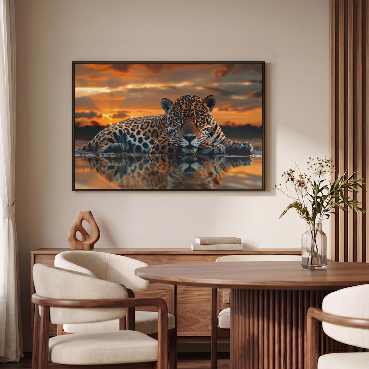 LEINWAND Bilder mit Rahmen - Natur - Leopard - Tier - Sonnenuntergang - Modern - 90x60 - Orange, Textil (90/60cm) - MuchoWow