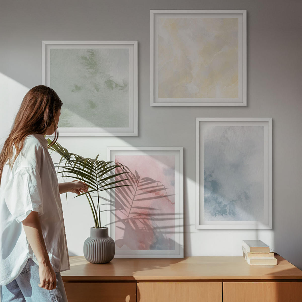 WANDBILDER 4er-Set - 50x50 cm & 40x60 cm Weißer Rahmen - Aquarellfarben in Pastellfarben - Weiß, Kunststoff (50/50cm) - ArtPrintCave