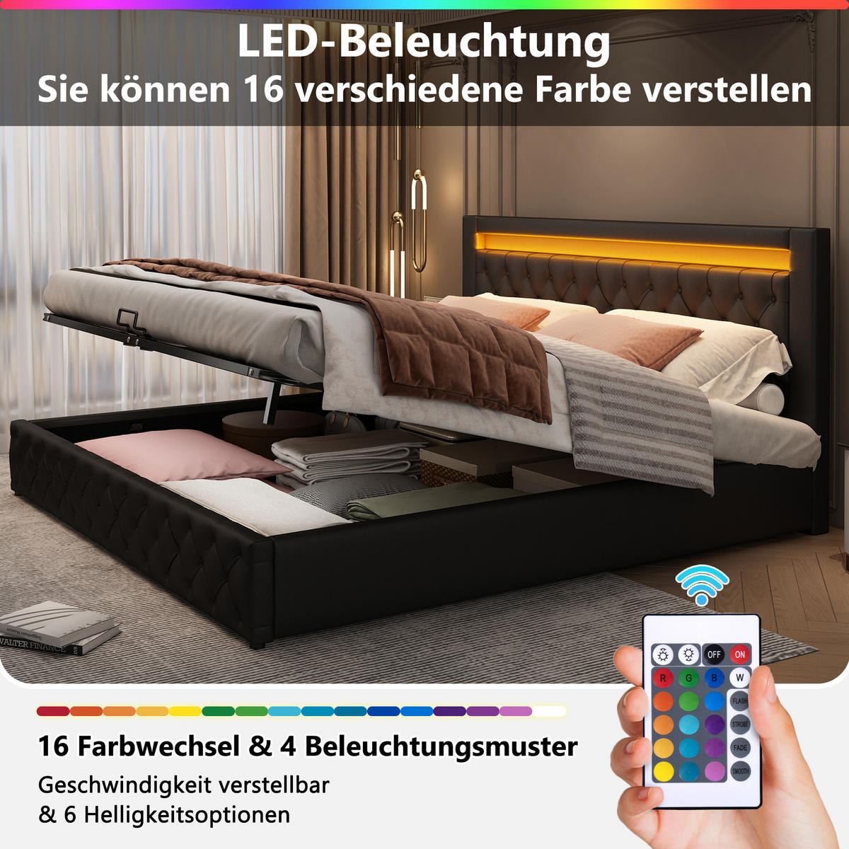 POLSTERBETT 160x200 Lattenrost Stauraum LED Schwarz PU - Schwarz, Leder (160/200cm) - FLIEKS