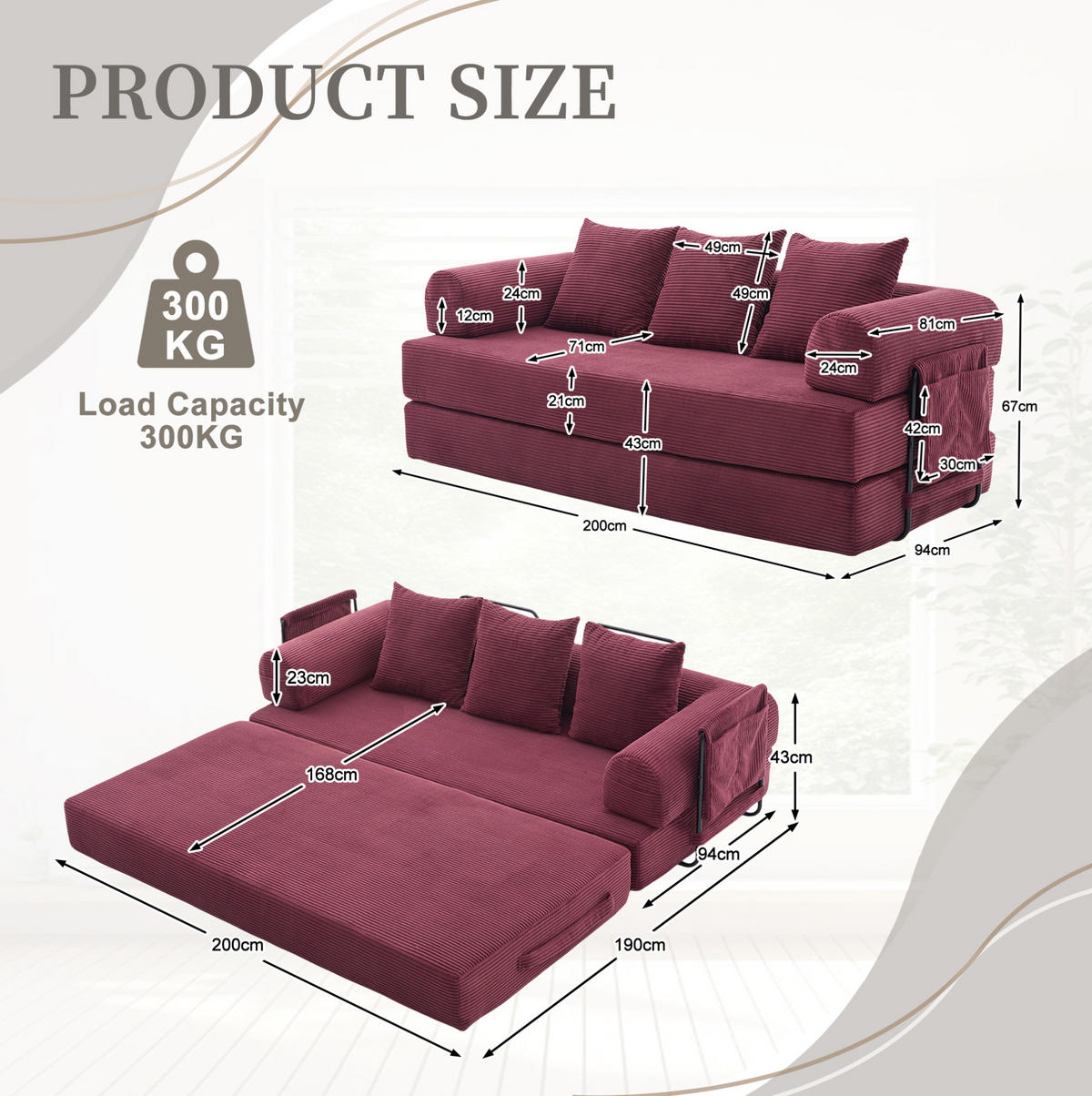 SOFA modular 200 x 94 cm Cord Wine Red mit Metallgestell und 3 Kissen - Rot, Kunststoff (94/67/200cm) - Meubliv