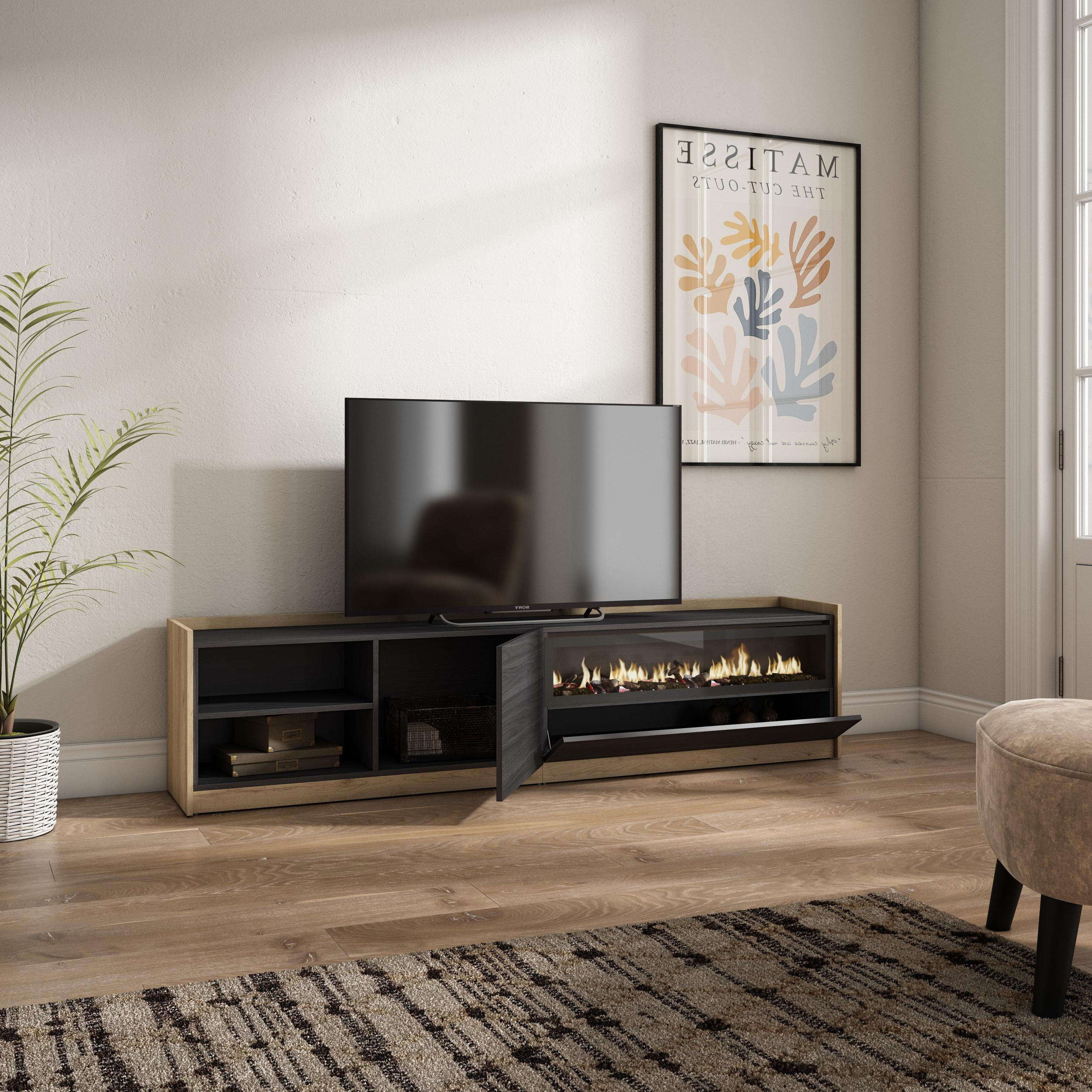 TV-SCHRANK, Lowboard, Schwarz Eiche, Elektrokamin, 207/37/50cm - Schwarz, Holzwerkstoff (207/50/37cm) - Skraut Home