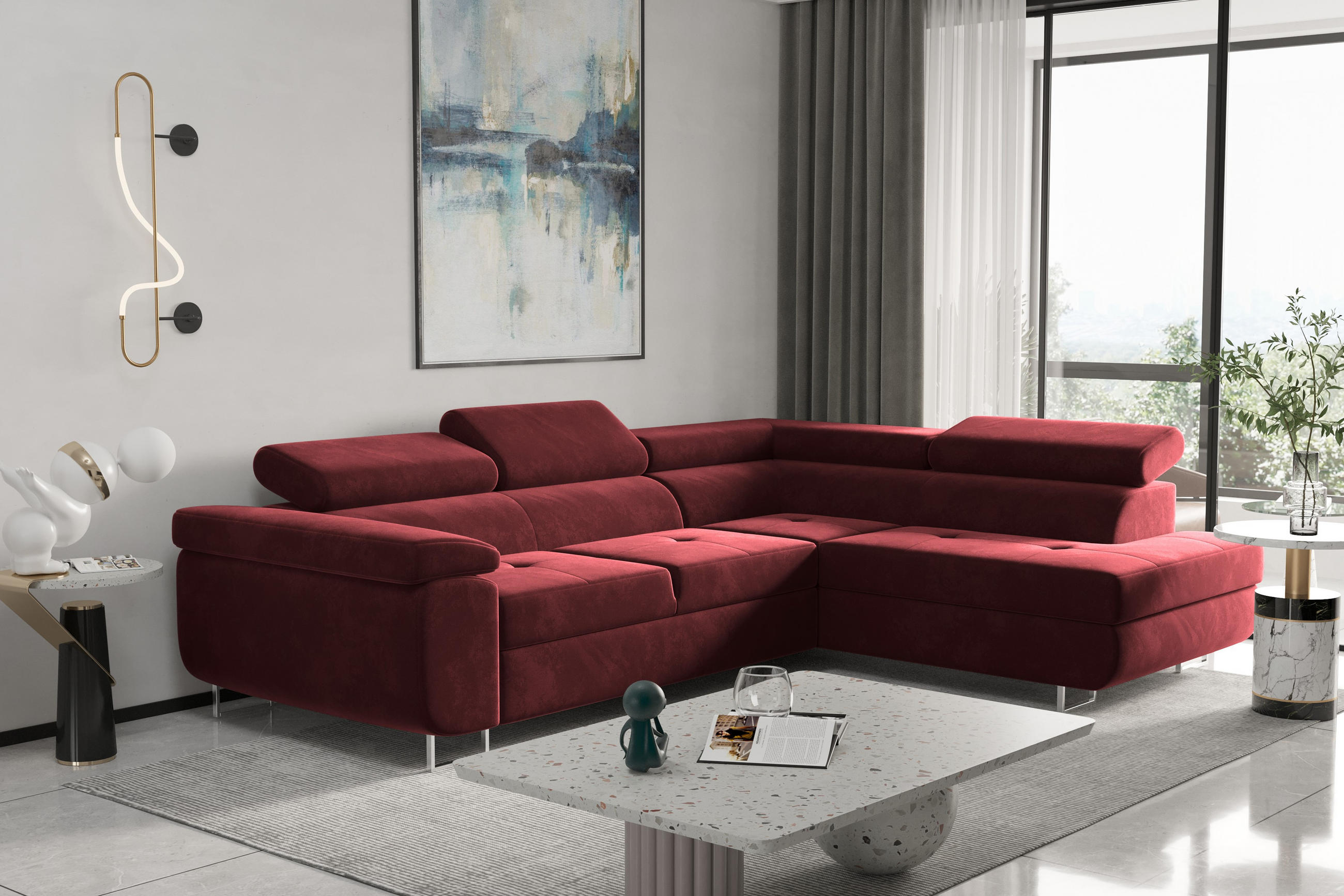 ECKSOFA mit Schlaffunktion und Bettkasten ATOM Rot Rechts - Rot, Holz/Textil (275/202cm) - Kaiser Möbel