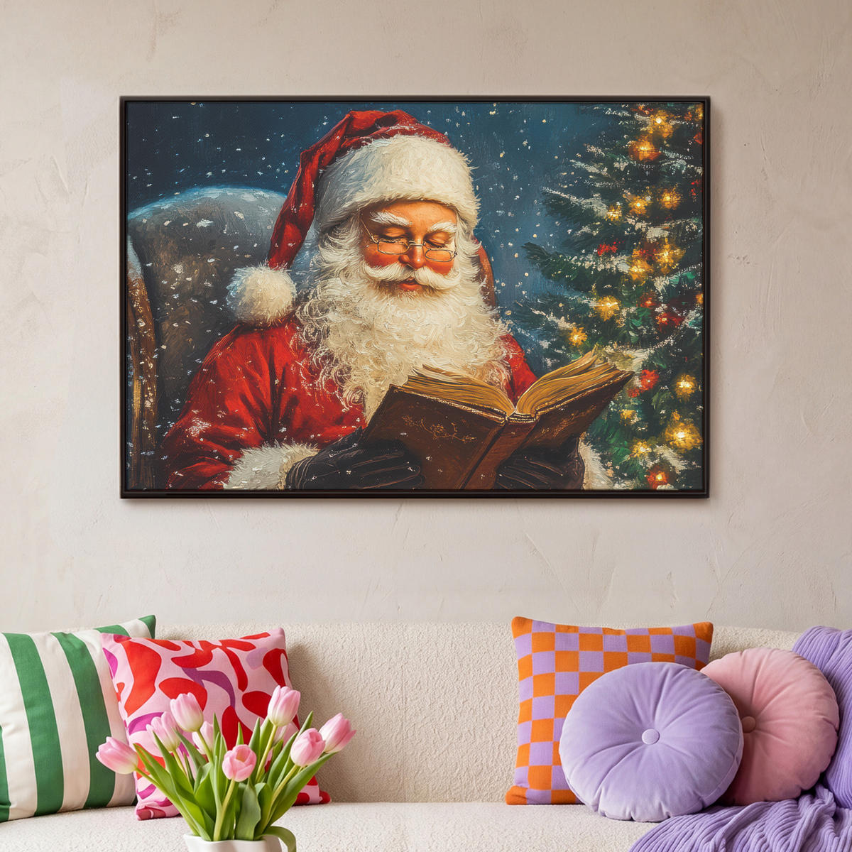 LEINWAND Bilder mit Rahmen - Weihnachtsmann - Weihnachten - Winter - Weihnachtsbaum - 90x60 - Bordeaux, Textil (90/60cm) - MuchoWow