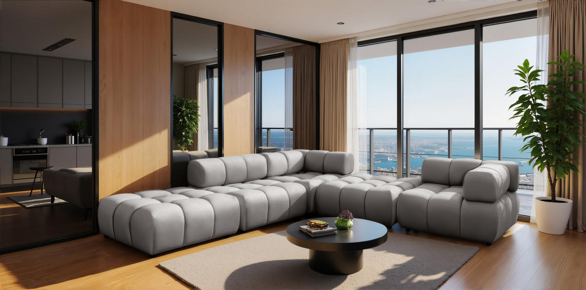 ECKSOFA Corner Modular, Veloursstoff Bluvel, Grau, Links, Bolla - Grau, Holz (288/288cm) - Kaiser Möbel