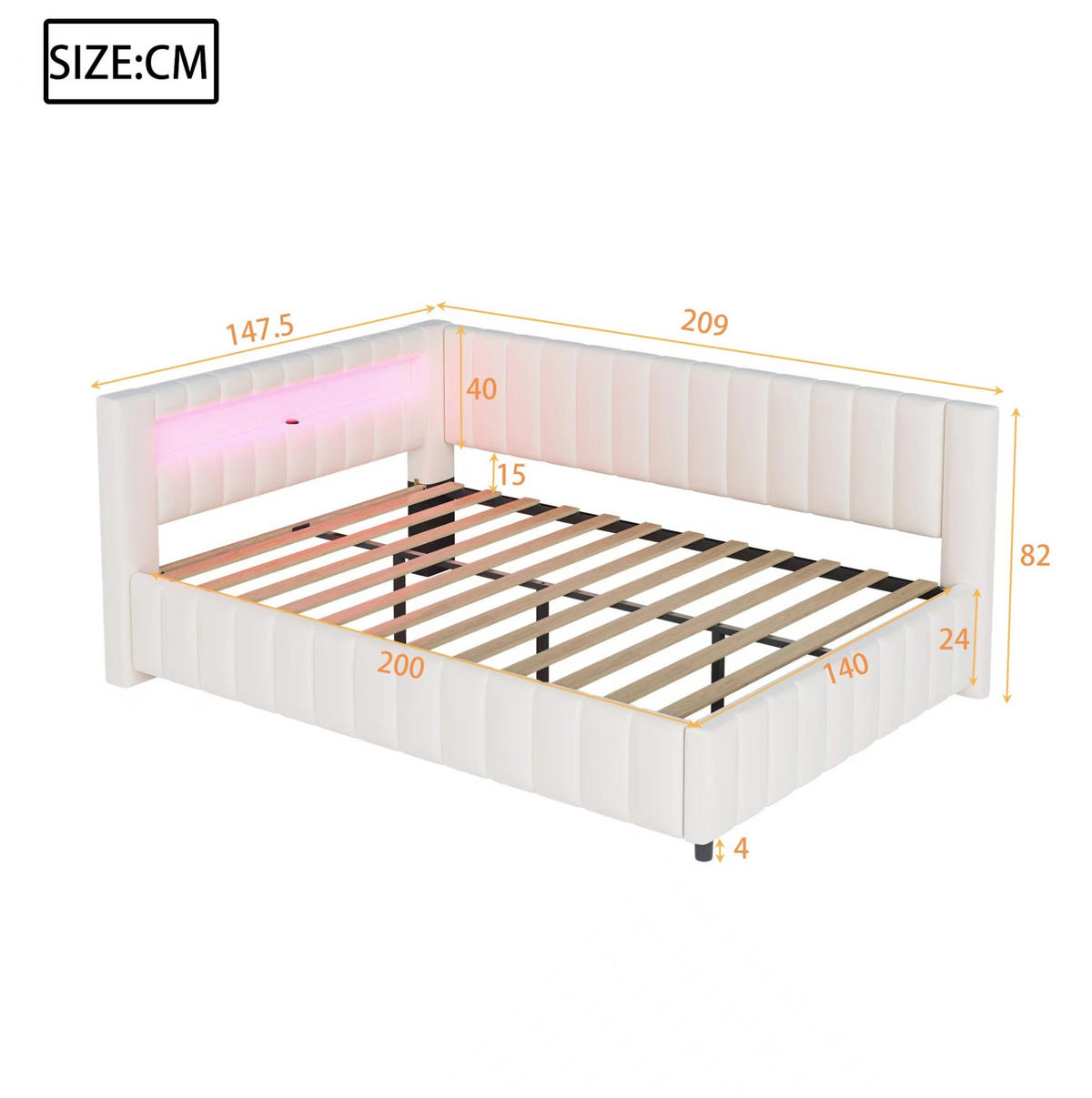 SAMT-POLSTERBETT 140/200 cm mit LED-Beleuchtung und USB in Beige - Beige, Textil (140/200cm) - BEAOK