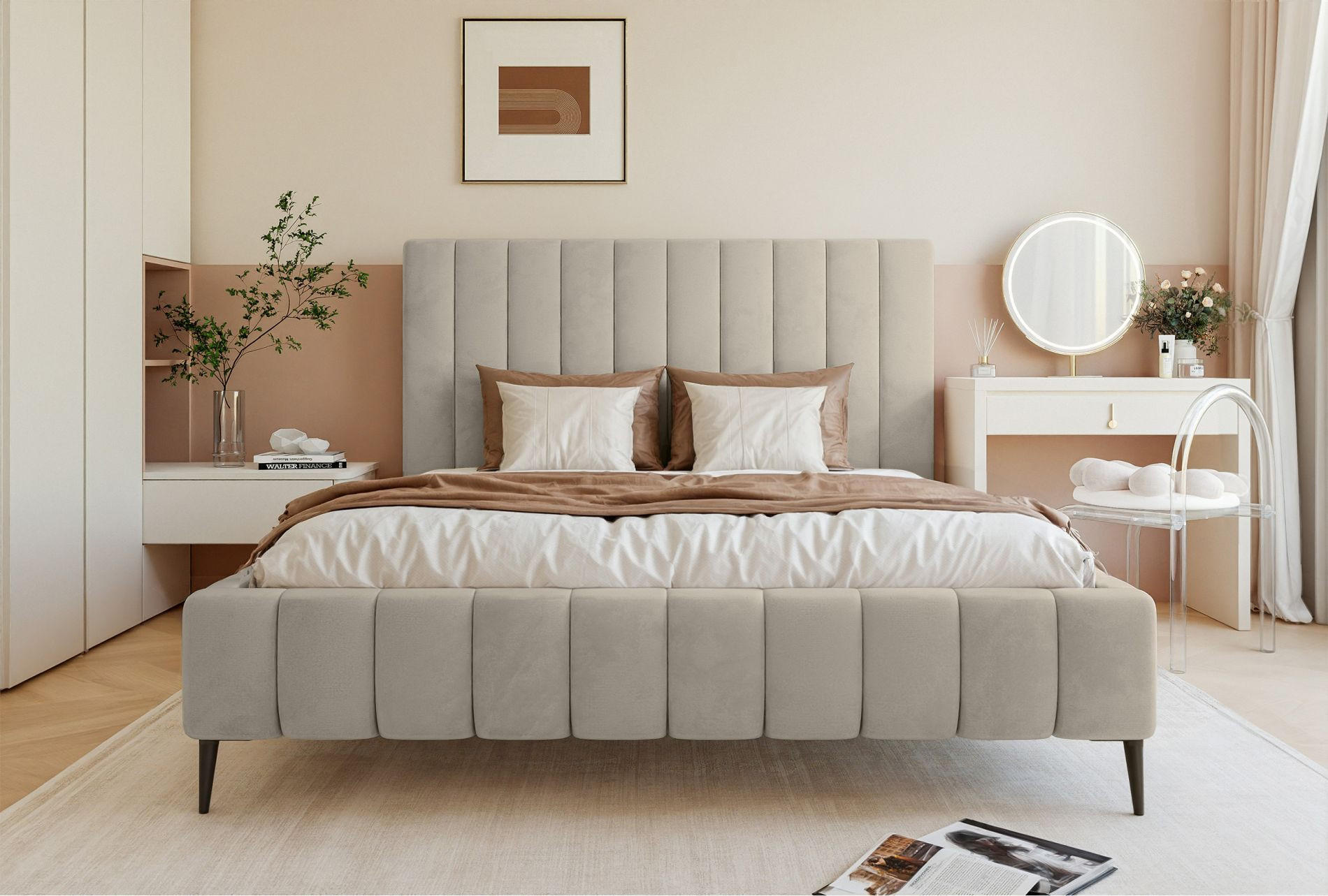 POLSTERBETT Fiarro mit Metallfüßen, Hellbeige, Velours, 140x200 cm - Ecru, Textil/Metall (140/200cm) - Selsey
