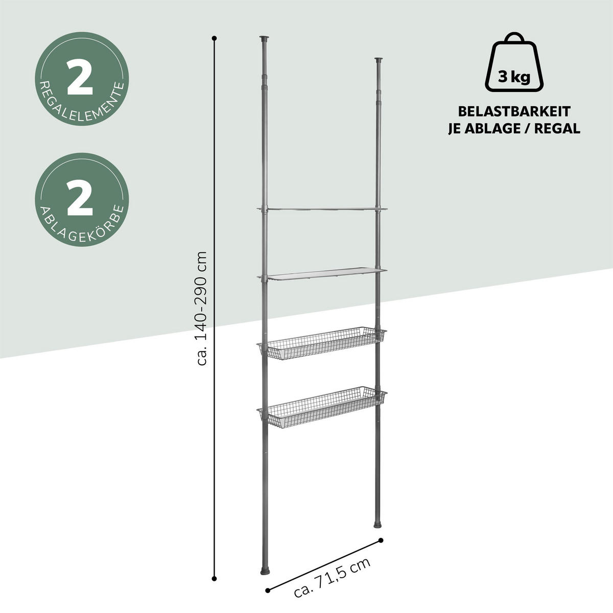TELESKOP-REGAL, grau - Grau, Metall (71.5/290/20cm) - bremermann