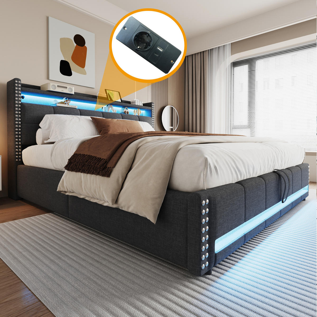 POLSTERBETT 180/200 cm Grau mit LED-Beleuchtung und USB-Steckdose - Grau, Textil (180/200cm) - OKWISH