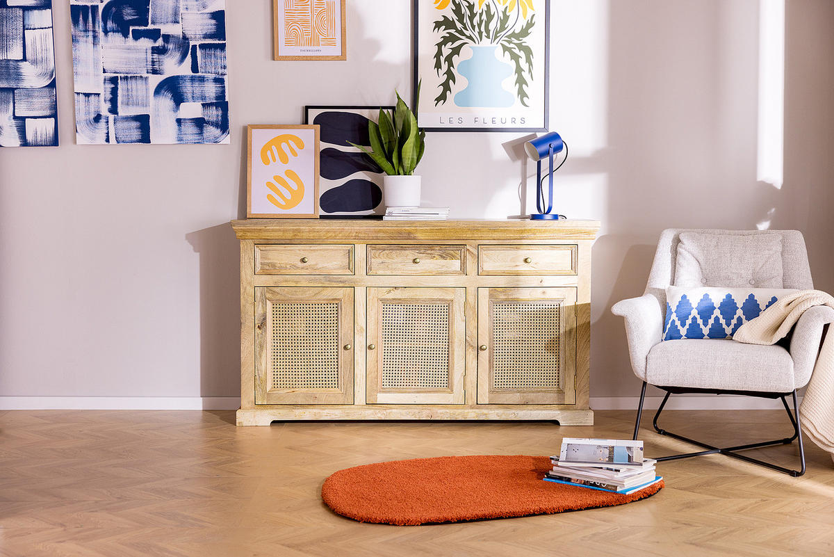 MASSIVES SIDEBOARD mit 3 Schubladen - Mango / Beige - Beige/Goldfarben, Holz/Naturmaterialen (160/90/40cm) - home24