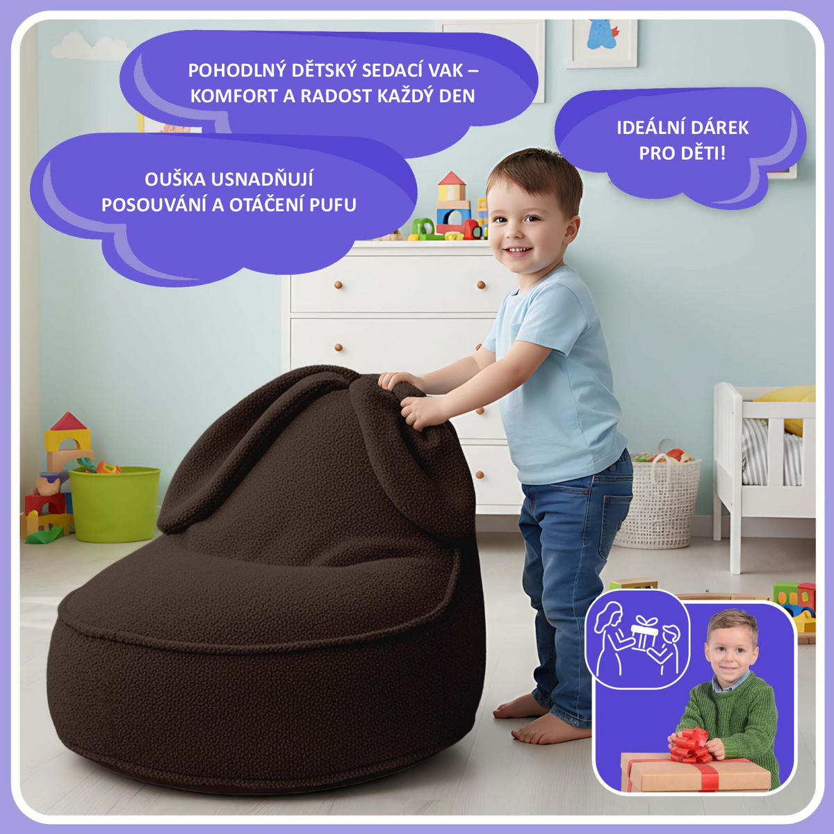SITZSACK FÜR KINDER Hase 75/75/55 cm, weicher Bouclé 315 g/m², abnehmbarer Bezug, Cocoa Brown - Dunkelbraun, Textil (75/55/75cm) - Dreamroots