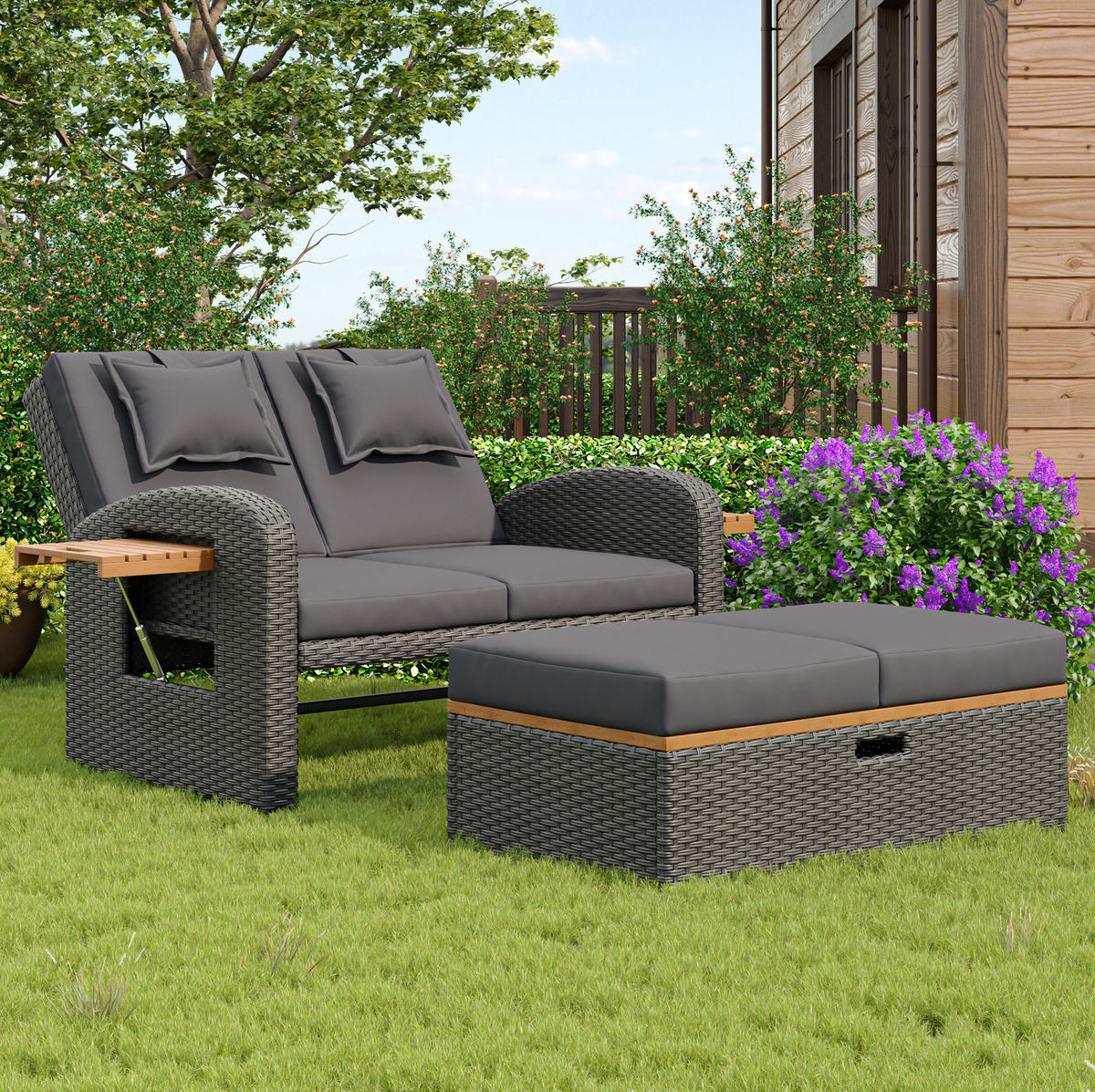 LOUNGESOFA aus Rattan & Stahl 120x74x95 cm in Grau mit Rückenlehne - Grau, Metall (74/95/120cm) - Modfu