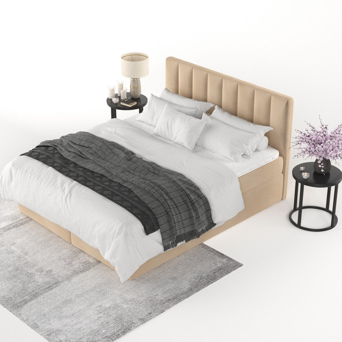 BOXBETT Lusso 160/200 cm Beige im Kronos Stoff - Beige/Schwarz, Holz/Holzwerkstoff (160/200cm) - AltaBeds