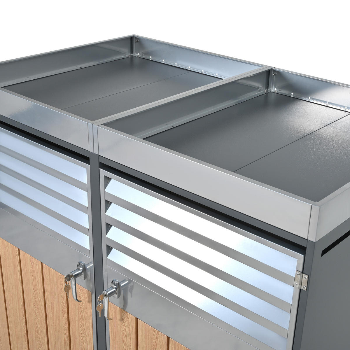 MÜLLTONNENBOX aus Stahl in Grau Holzoptik mit Pflanzfläche & abschließbar - Grau, Metall (132/124.5/80cm) - Modfu