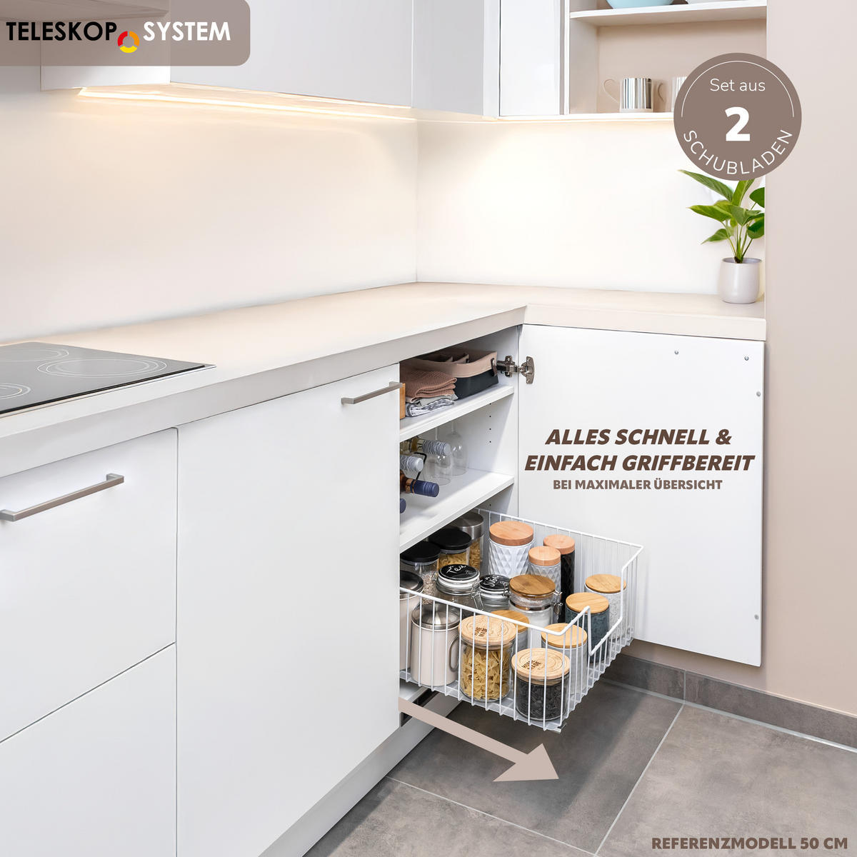 SCHRANK-KORBAUSZUG 30 cm, weiß, Metall - Weiß, Metall (30/23/50.5cm) - bremermann