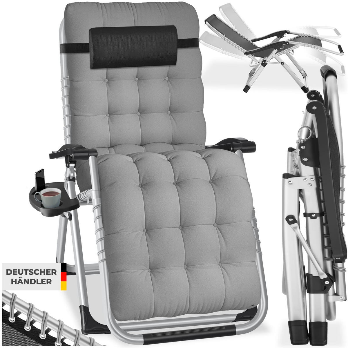 SONNENLIEGE Cloud, 84 x 168 x 82,5 cm, mit Ablagetisch, hellgrau - Hellgrau, Kunststoff (84/103/113cm) - tectake