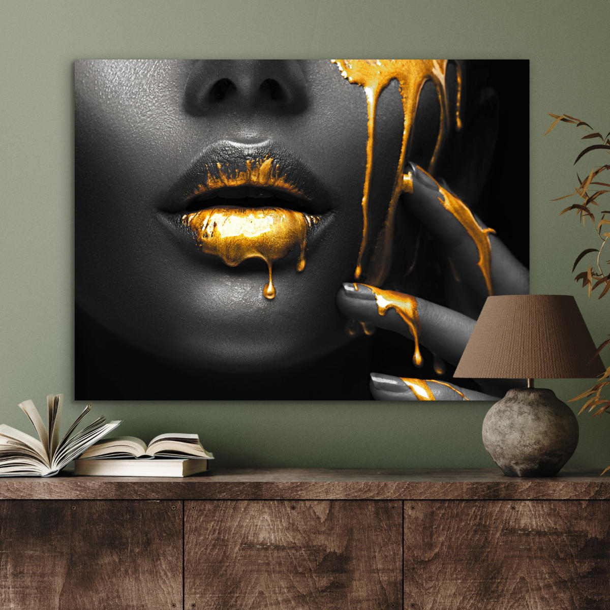 METALLBILD Frau - Schwarz - Gold - Gesicht - Lippen 80x60 cm - Goldfarben, Metall (80/60cm) - MuchoWow