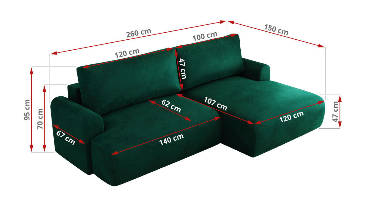 ECKSCHLAFSOFA TONO L Dunkelgrün Velvet - links - Dunkelgrün/Schwarz, Kunststoff/Textil (260/150cm) - MKS