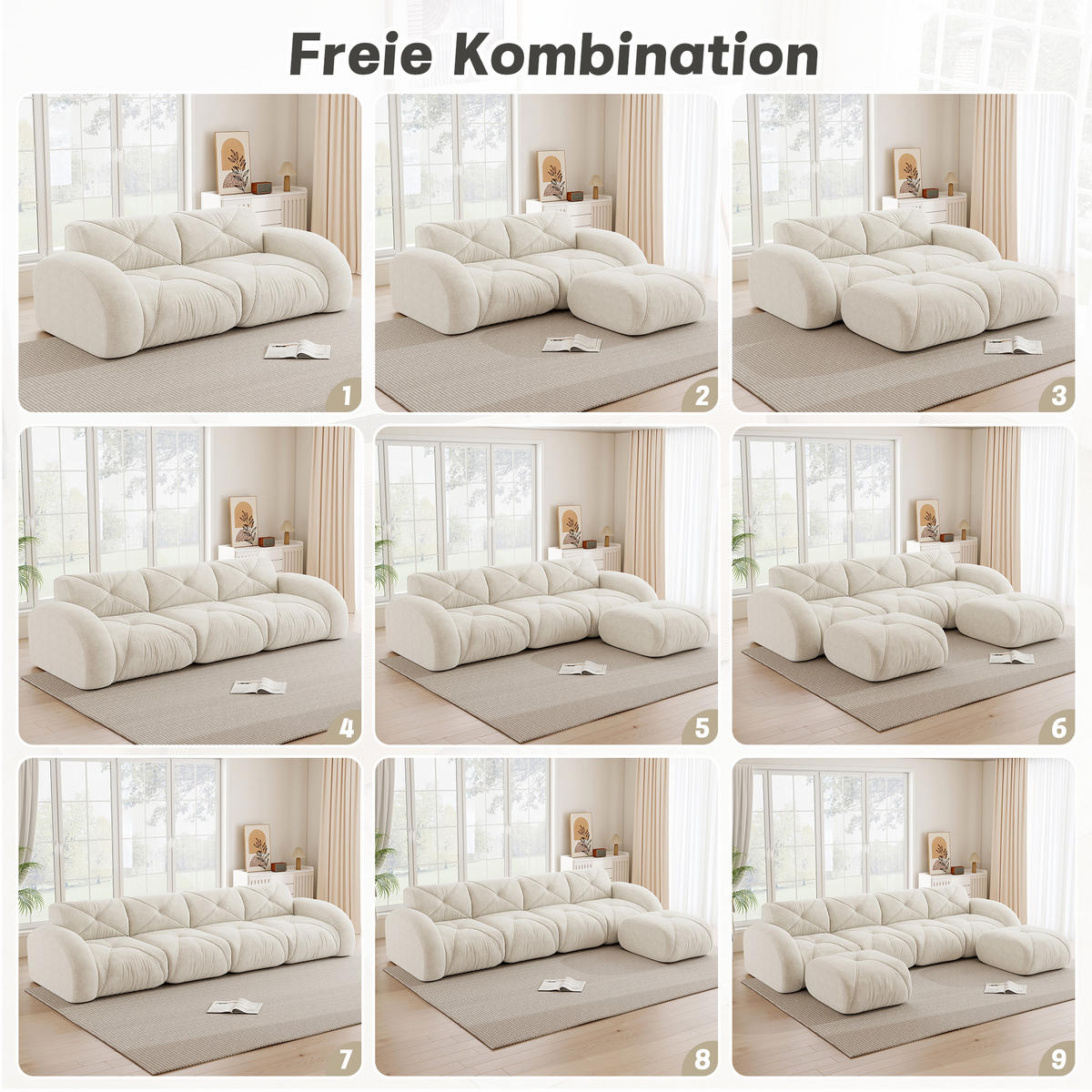 3-SITZER Sofa 281×95×76 cm Chenille rahmenlos modular, weiß - Weiß, Textil (95/76/281cm)