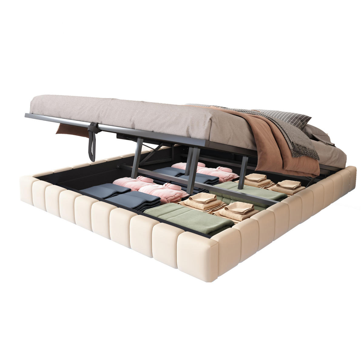 POLSTERBETT 180/200 cm Beige mit Stauraum und LED-Beleuchtung - Beige, Textil (180/200cm) - Flora Grace