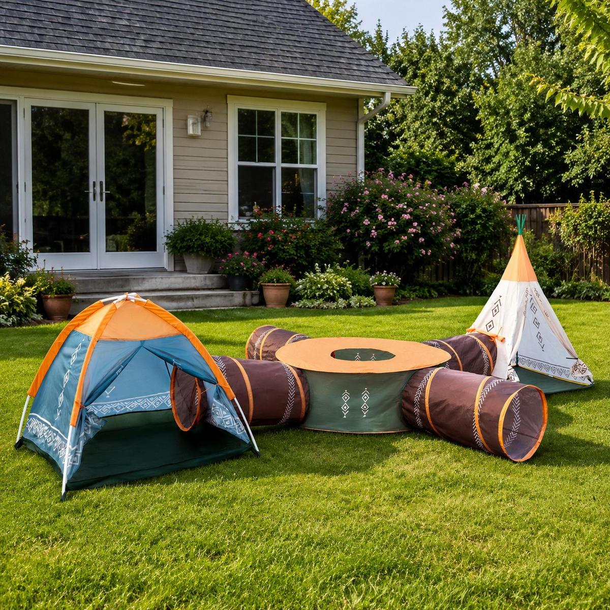 SPIELZELT 7er Set – Tipi, Iglo-Spielzelt mit 4 Tunneln, Indoor & Outdoor, für Kinder ab 3 Jahren - Multicolor, Textil (532/320cm) - COIL