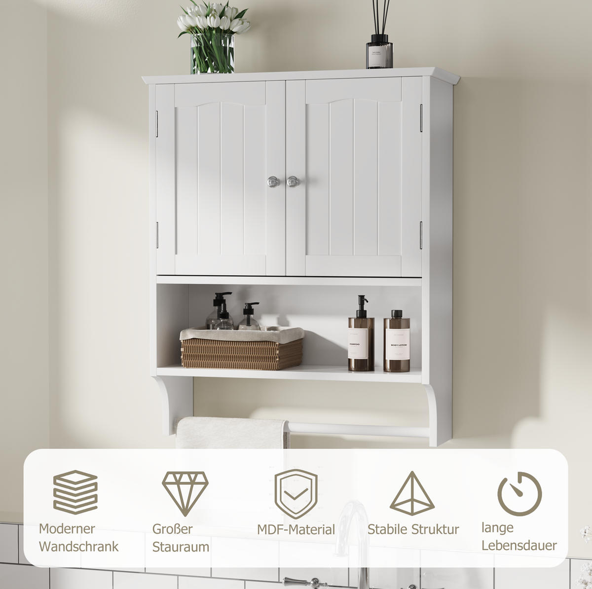 BADEZIMMERSCHRANK Wandmontage 56,8 x 19 x 70 cm MDF Weiß - Weiß, Holzwerkstoff (19/70/56.89cm) - Beauniv