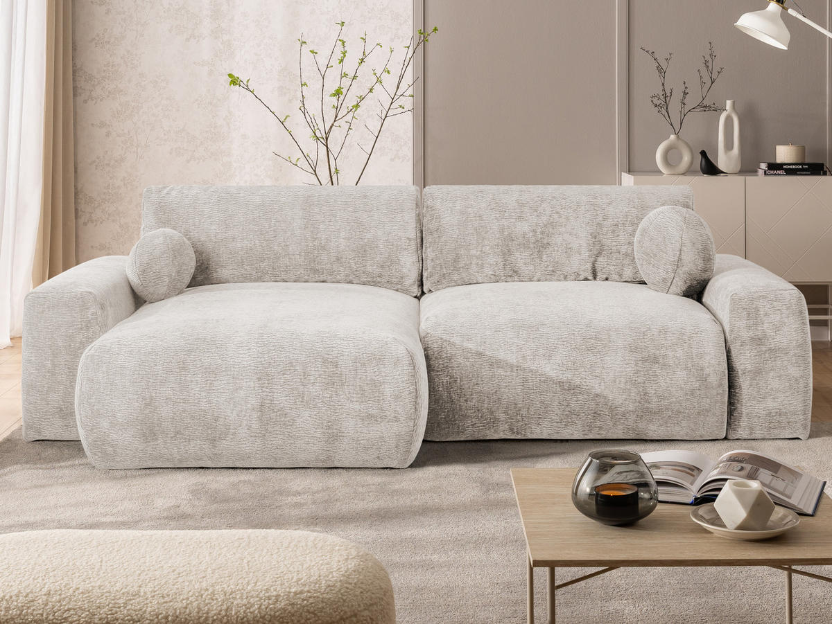 ECKSOFA Puffy mit Schlaffunktion und Bettkasten - besonders weich und puffig aus Beige Stoff mit Chenillestruktur - Ottomane links - Beige/Schwarz, Holz/Kunststoff (138/266cm) - S-Style Möbel