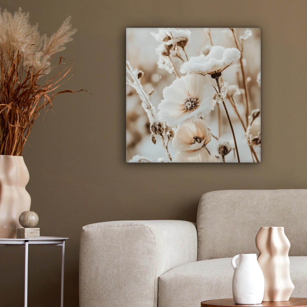 LEINWANDBILD Blumen - Winter - Weiß - Schnee - Beige 50x50 cm - Creme, Textil (50/50cm) - MuchoWow