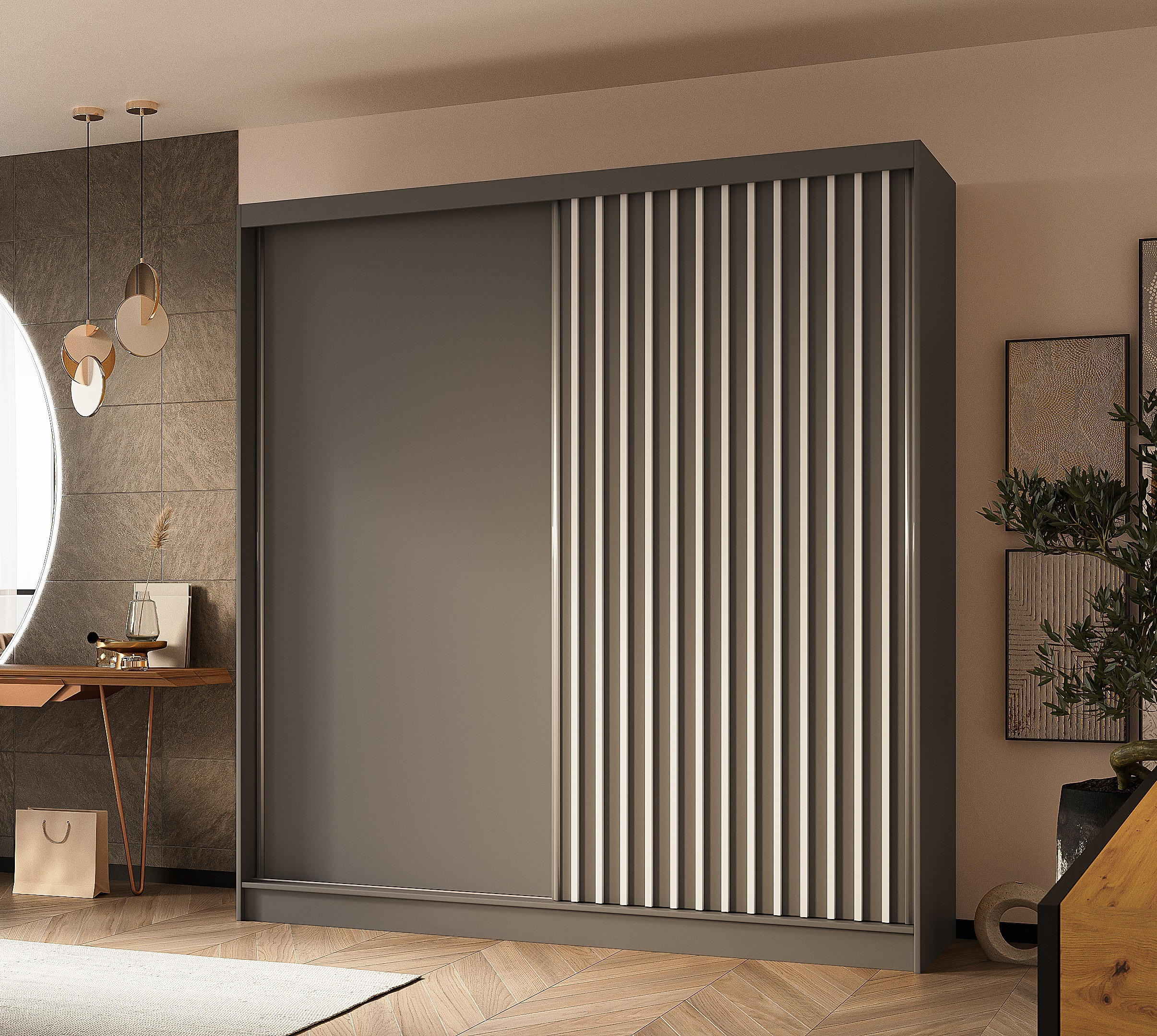 SCHWEBETÜRENSCHRANK Cabinio Grau Weiß 200/216/61 cm – Modern, mit Lamellen - Weiß/Grau, Holzwerkstoff/Kunststoff (200/216.1/61cm) - AX Living