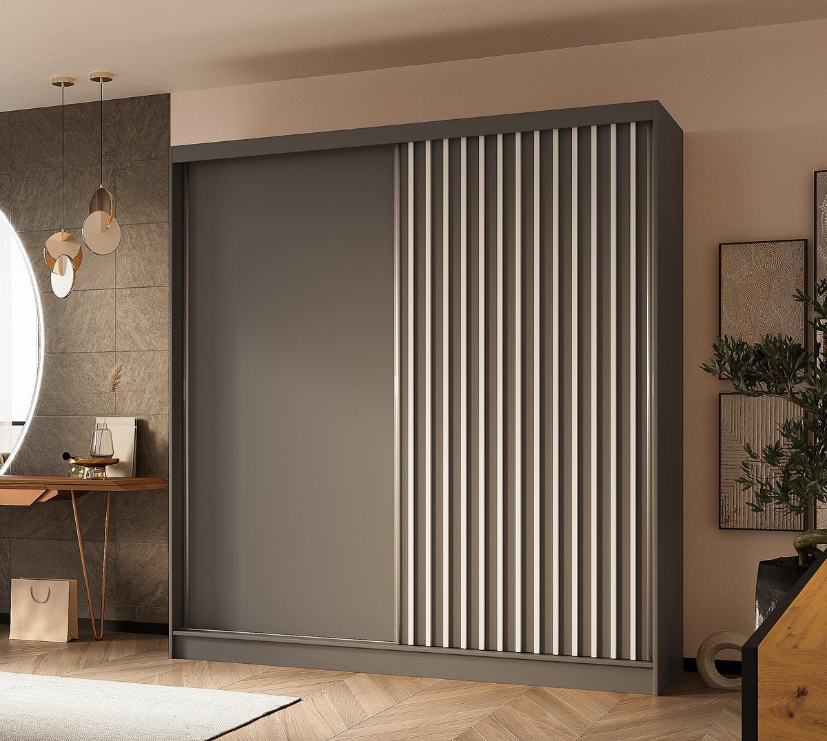 SCHWEBETÜRENSCHRANK Cabinio Grau Weiß 200/216/61 cm – Modern, mit Lamellen - Weiß/Grau, Holzwerkstoff/Kunststoff (200/216.1/61cm) - AX Living