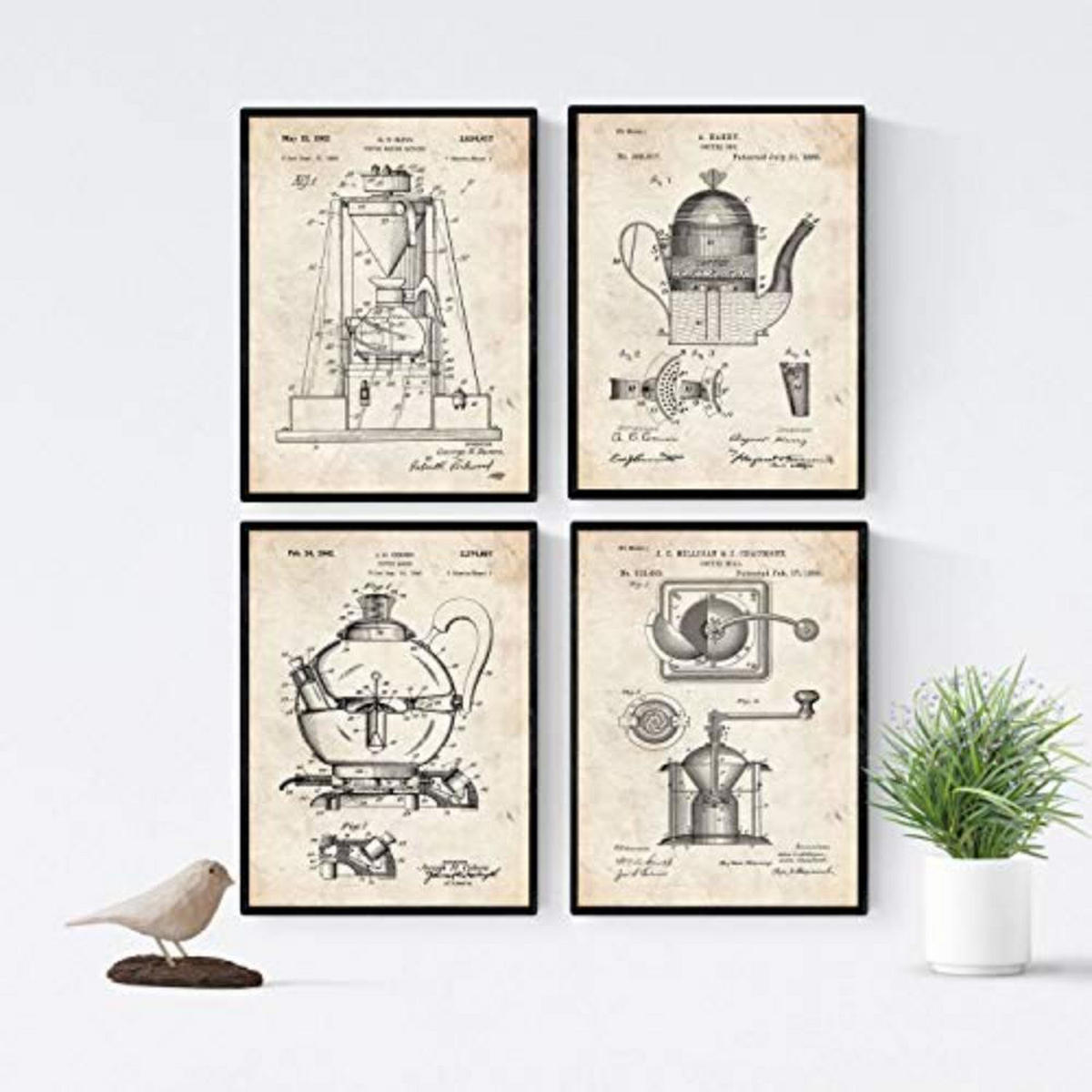 POSTER Set mit 4 Jahrgang cafeteras Patenten A4 Schwarzer Rahmen - Schwarz, Papier (29.7/3cm) - Nacnic