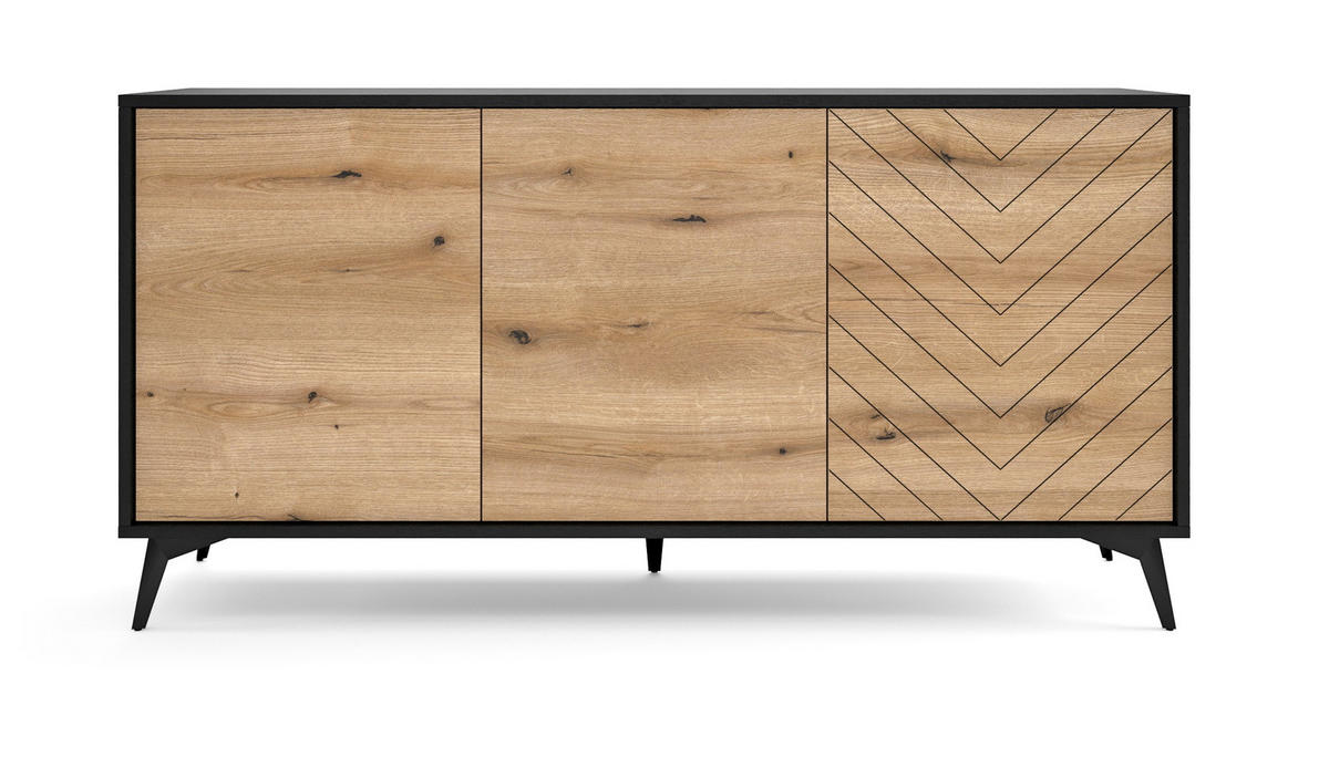 SIDEBOARD loft 154 cm Emerald - 3 Türen, Schwarz, Evoke Eiche - Schwarz/Braun, Holz (154/77/39cm) - Emporius