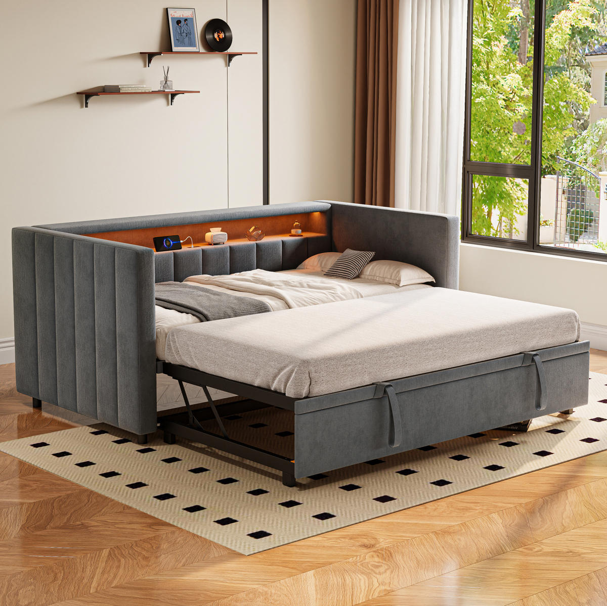 BETT mit Stauraum & Ausziehbett mit USB-C Anschluss und LED-Beleuchtung Beige 196/82-144/85 cm - Dunkelgrau, Textil - OKWISH